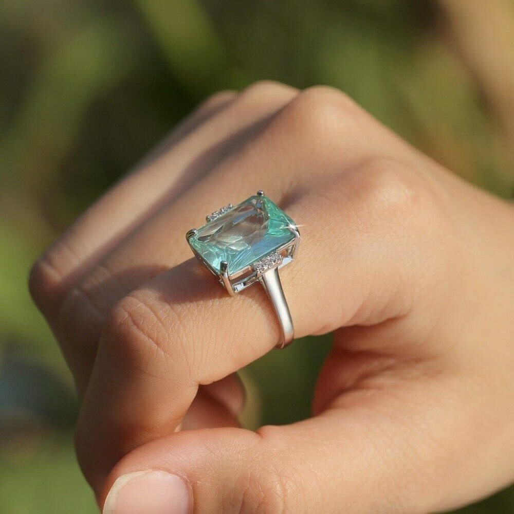 Stamped 925 Silver Emerald Cut Aquamarine Ring New - Picture 4 of 4